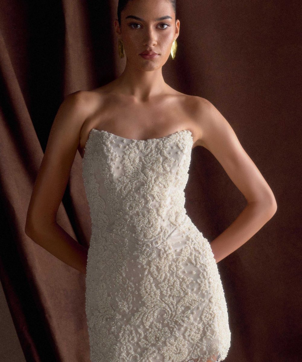 Eva Hand Beaded Pearl & Lace Mini Dress - White