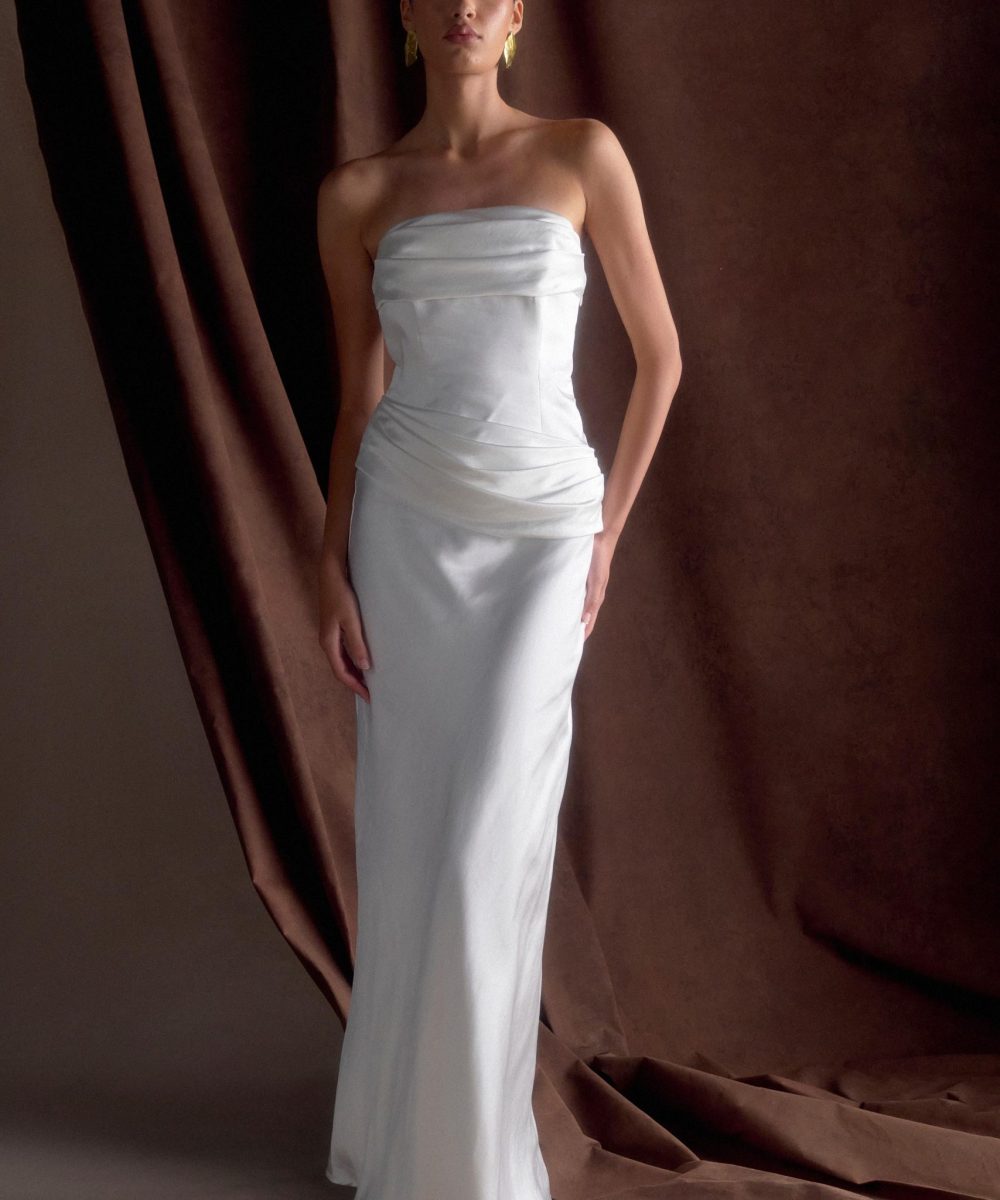 Jasmine Strapless Satin Maxi Dress - White