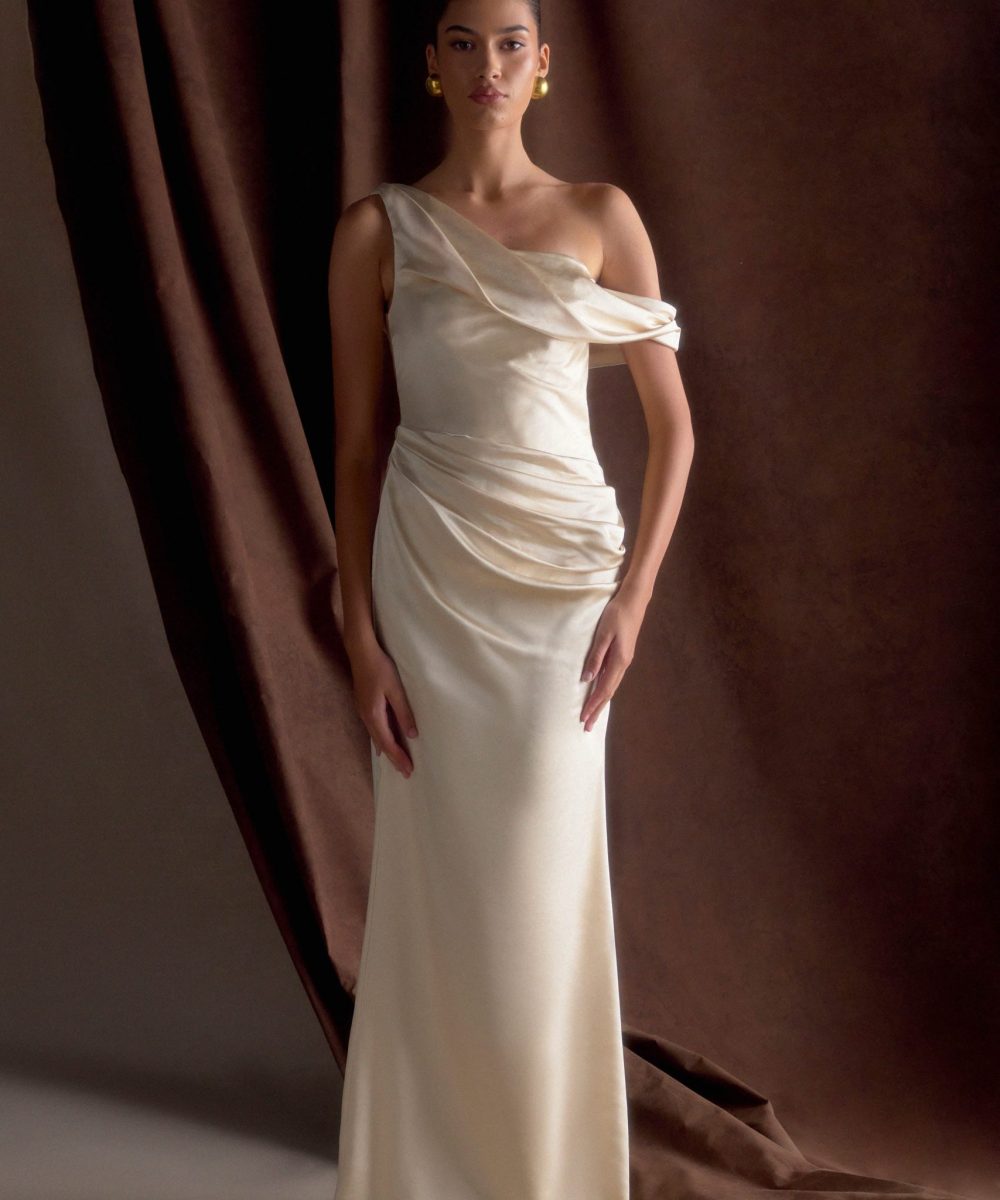 Dalia Off Shoulder Satin Maxi Dress - Blush Gold