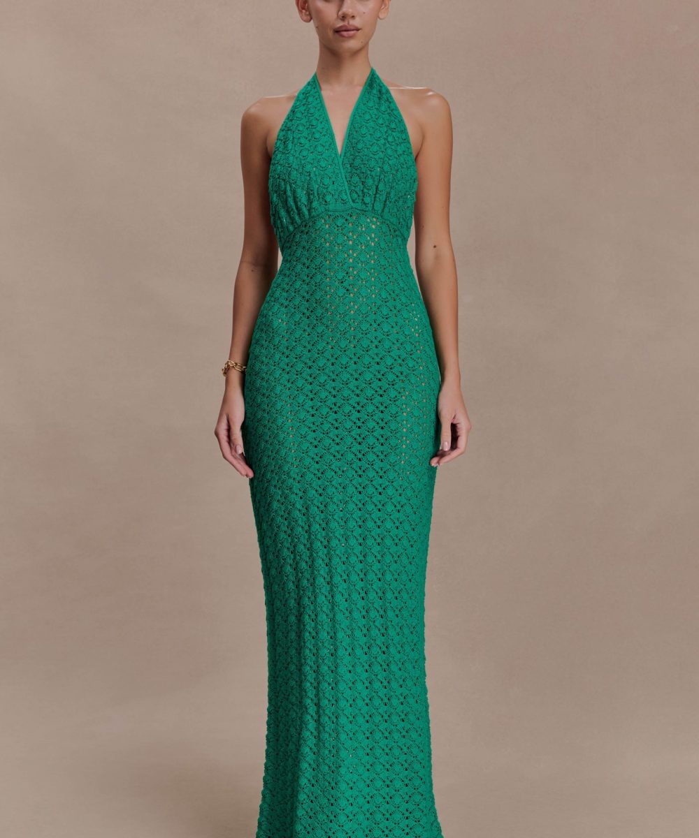 Deeliah Halterneck Crochet Maxi Dress - Emerald