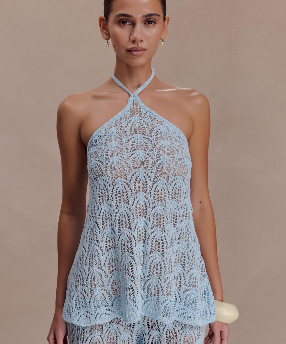 Corey Crochet Halter Neck Top - Light Blue
