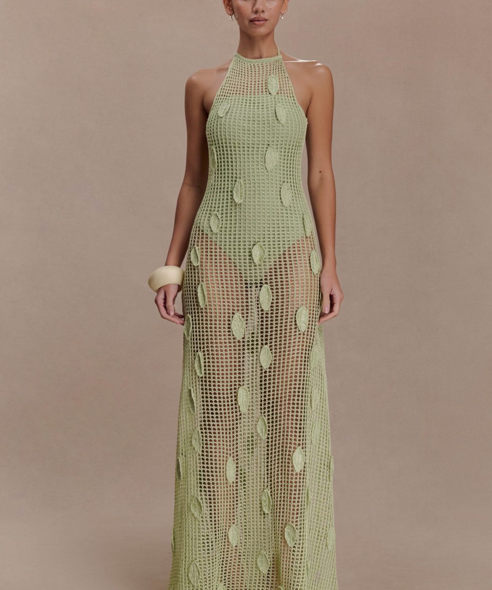 Elfie Crochet Halter Maxi Dress - Pastel Green