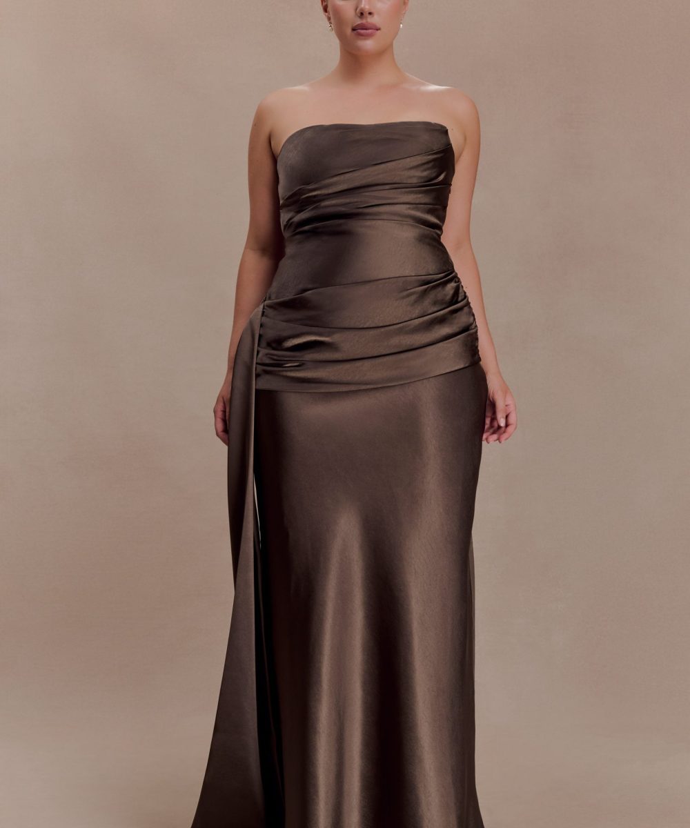 Sarah Strapless Maxi Dress With Waist Tie - Mocha