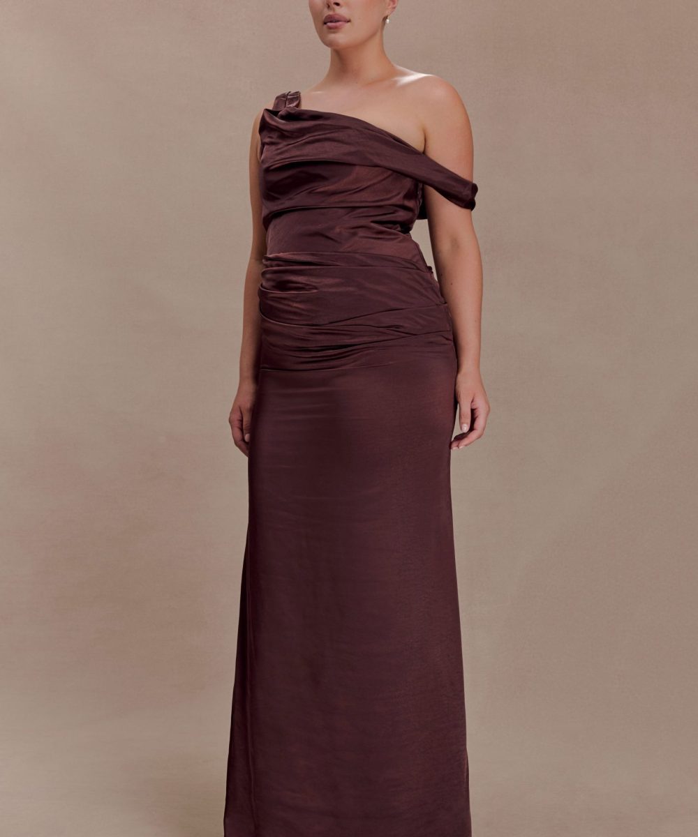 Dalia Off Shoulder Satin Maxi Dress - Dark Chocolate