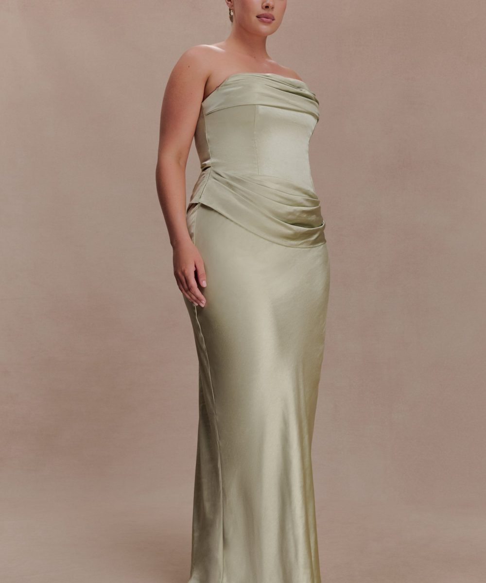 Jasmine Strapless Satin Maxi Dress - Sage