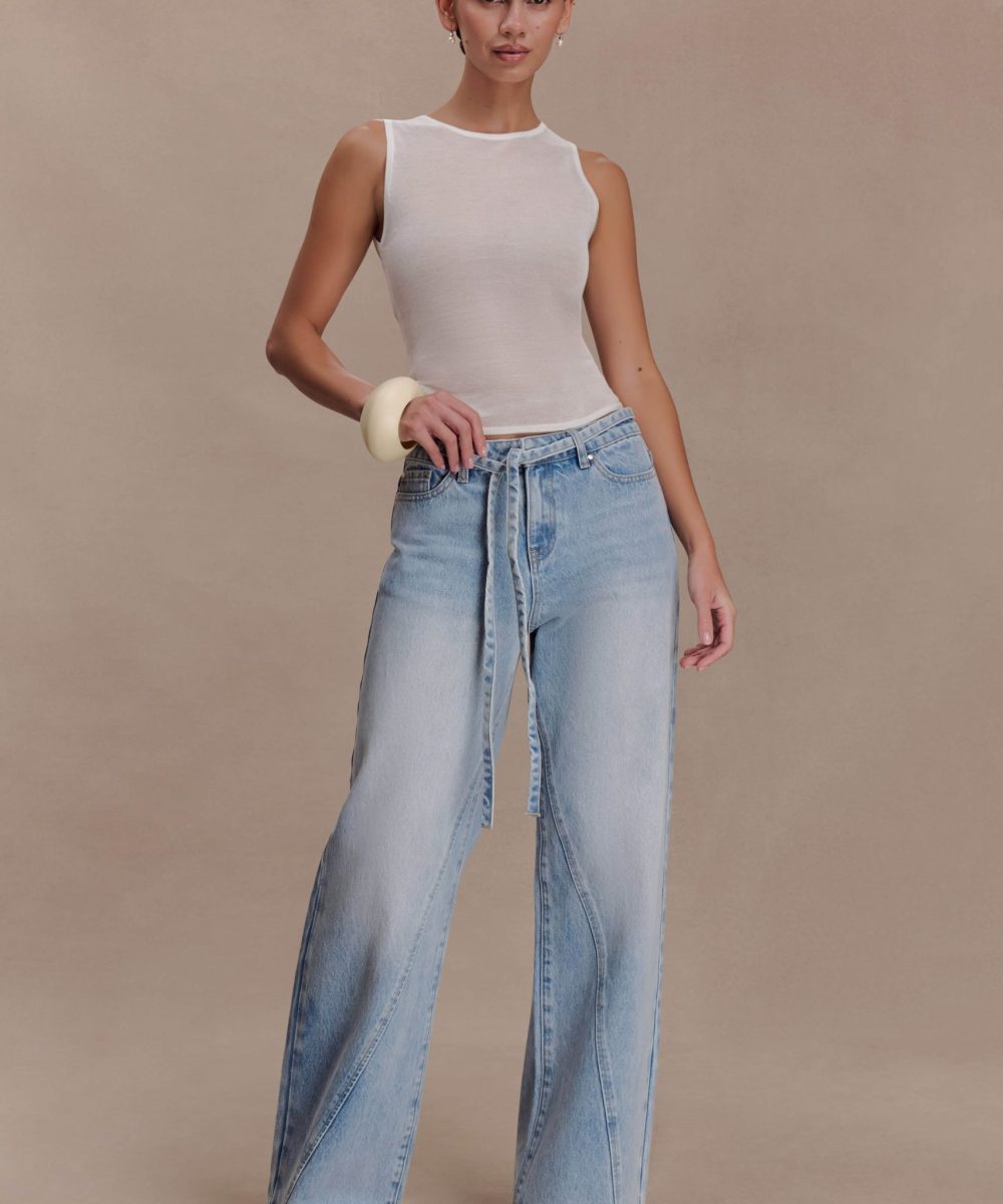 Perrie Mid Rise Straight Leg Tie Jeans - Washed Light Blue