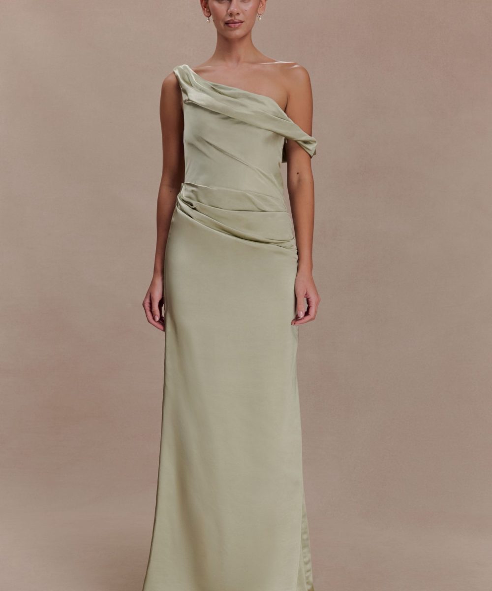 Dalia Off Shoulder Satin Maxi Dress - Sage