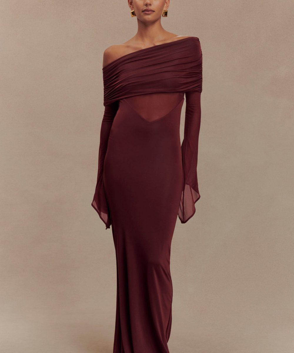 Kaitlin One Shoulder Slinky And Mesh Maxi Dress - Burgundy