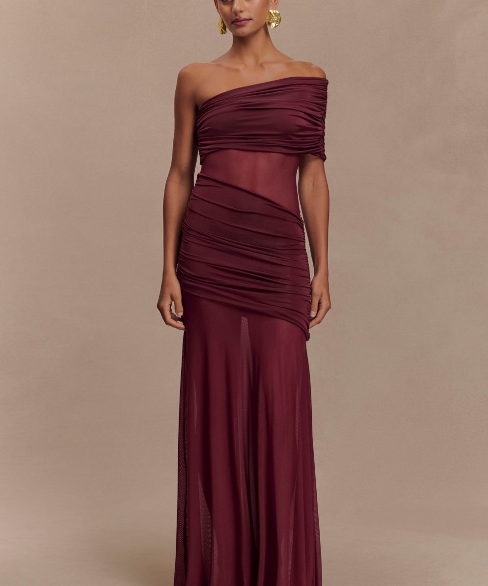 Dallas One Shoulder Mesh Maxi Dress - Burgundy