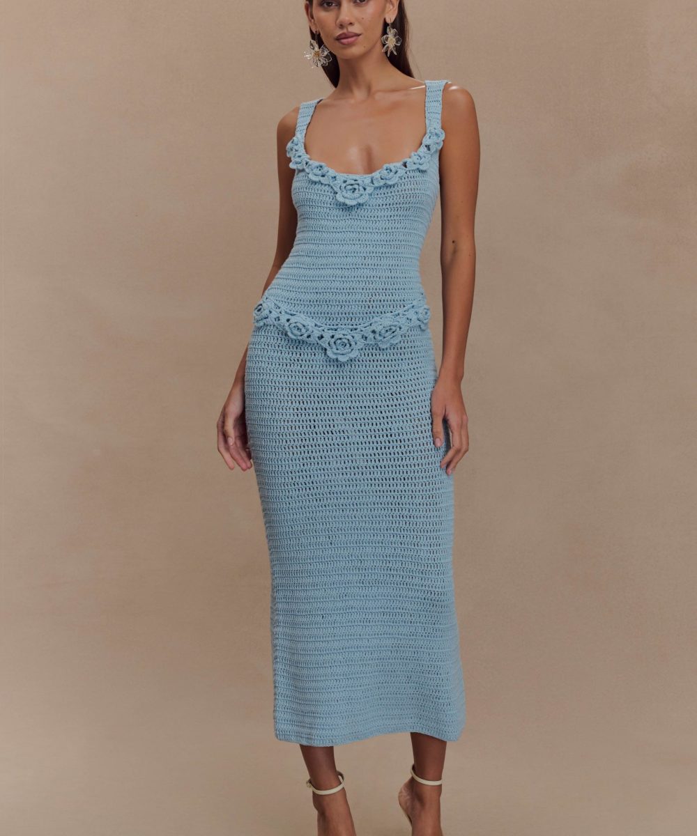 Teagan Floral Hand Crochet Midi Dress - Blue