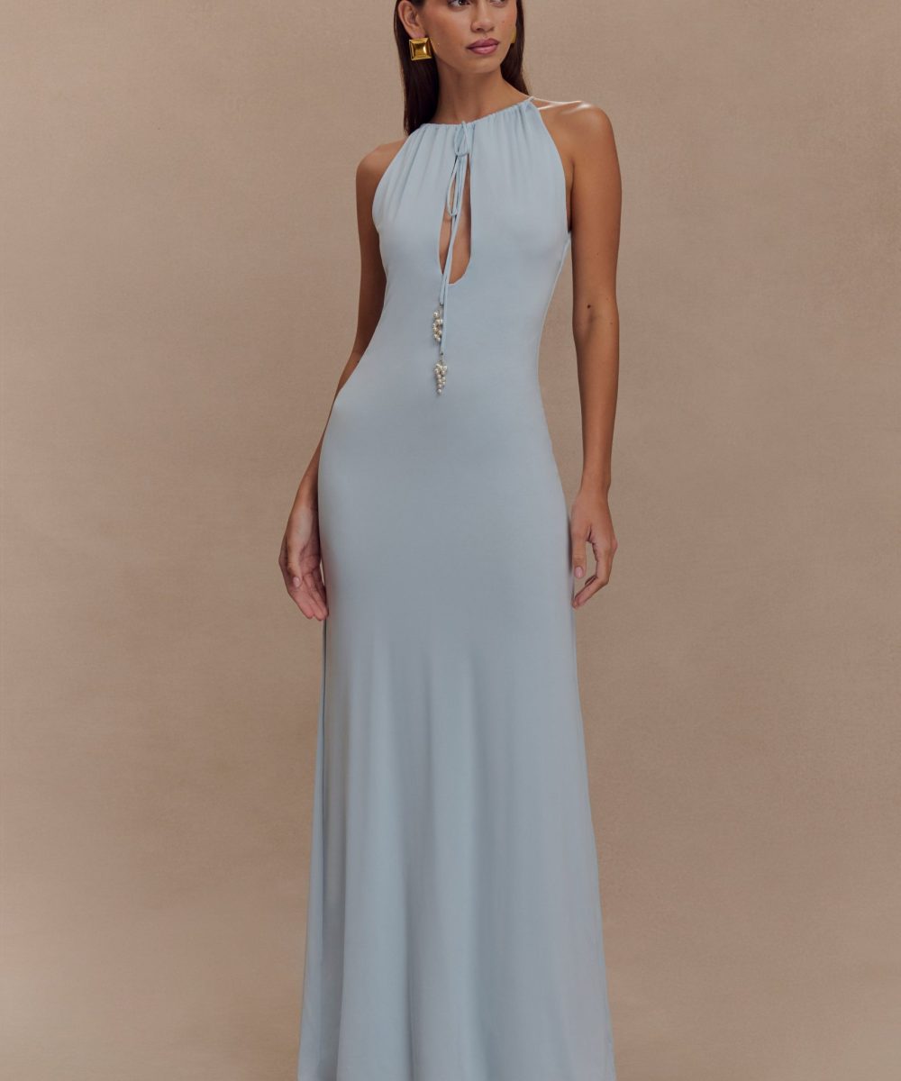 Beryl Slinky Maxi Dress With Pearls - Pale Blue