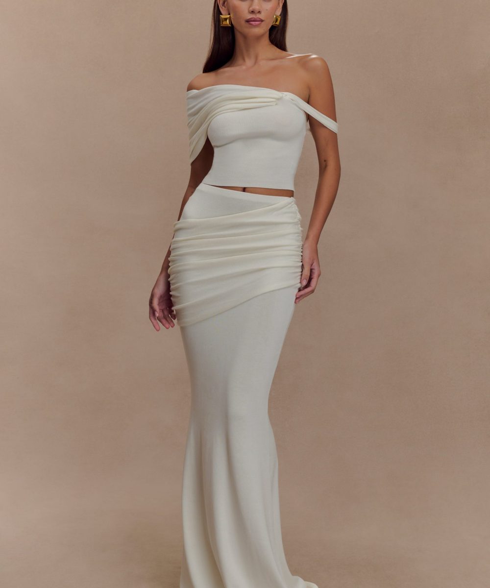 Irene Gathered Knit Maxi Skirt - Ivory