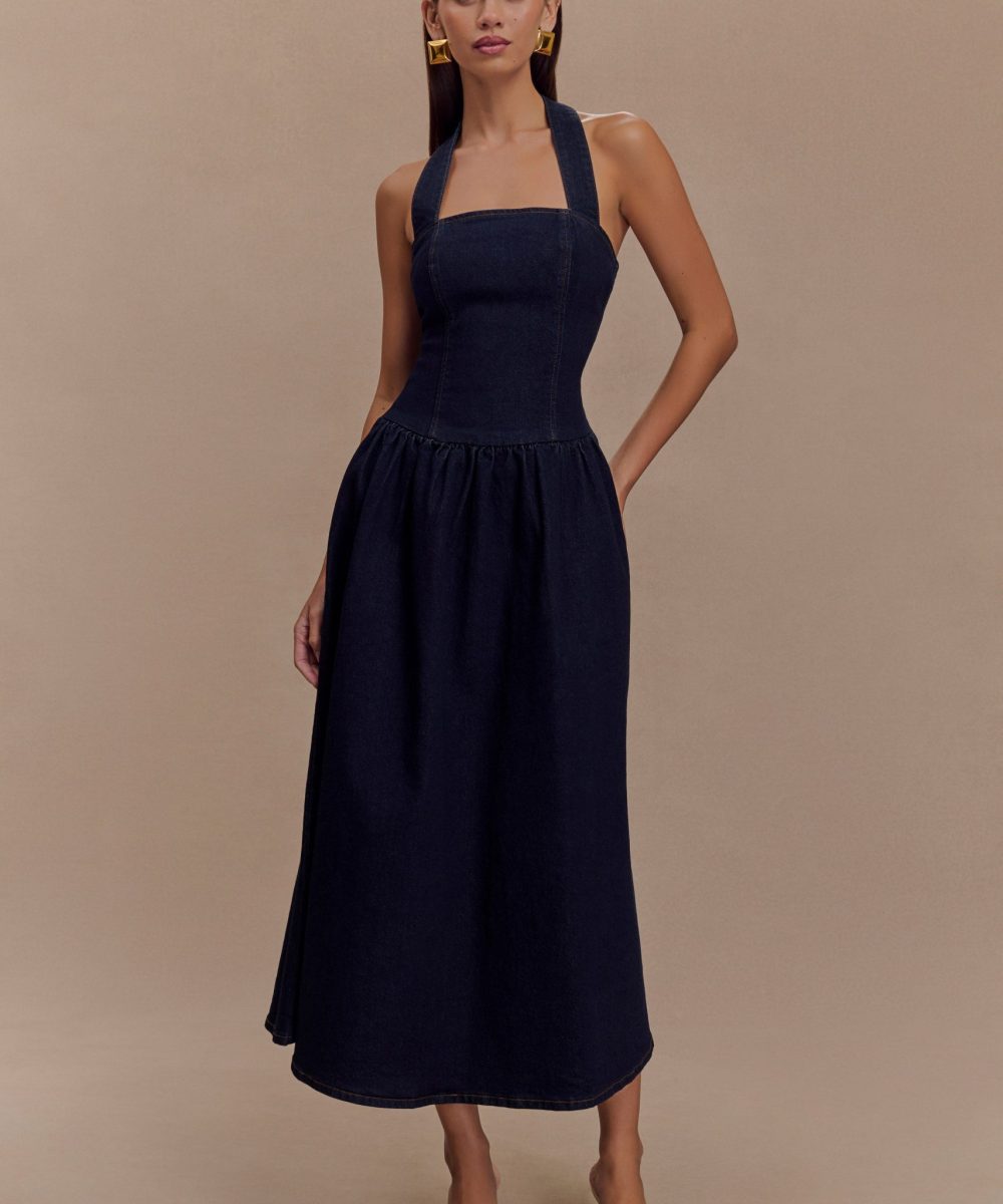 Caroline Denim Halter Midi Dress - Indigo Blue
