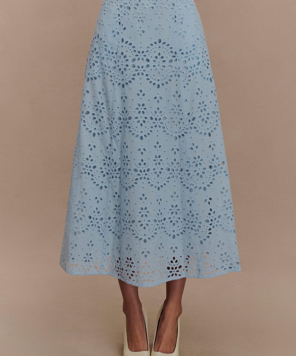 Arla Broderie Midi Skirt - Pale Cornflower Blue