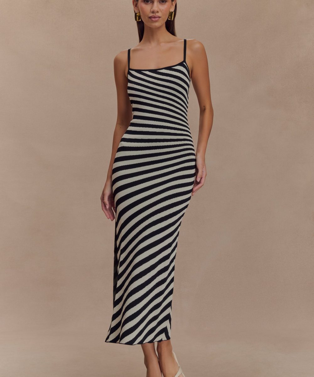 Raven Striped Knit Midi Dress - Black/White