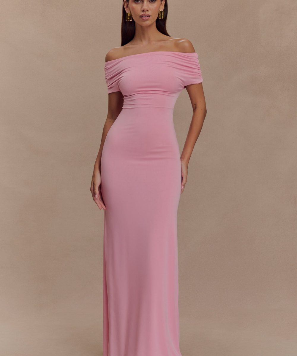 Imogen Off Shoulder Slinky Maxi Dress - Candy Pink
