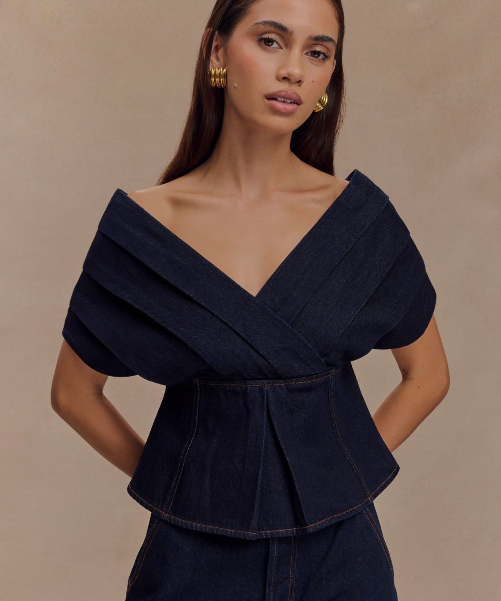 Rayne Off Shoulder Denim Top - Indigo Blue