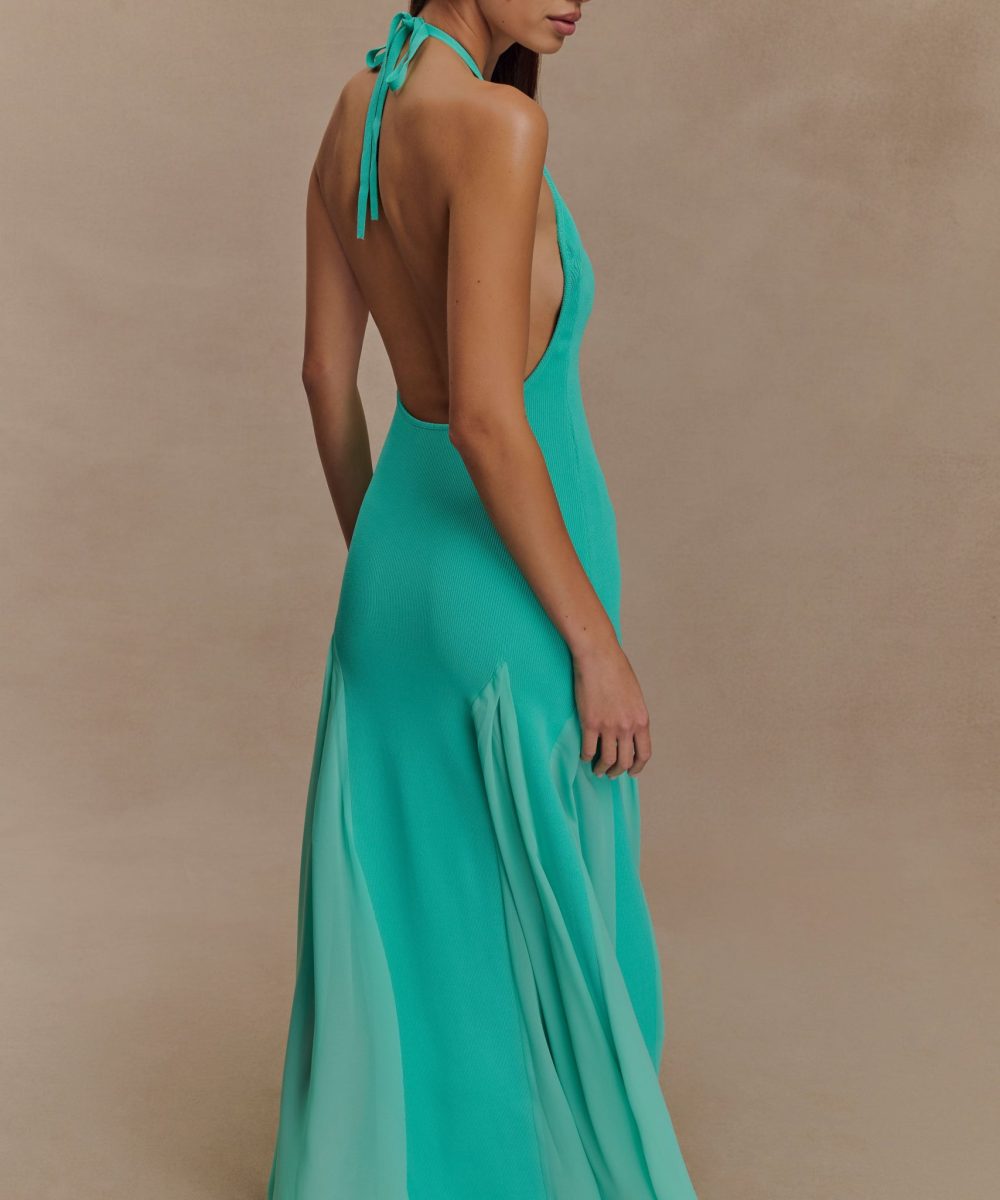 Soleil Knit And Mesh Halter Maxi Dress - Lagoon