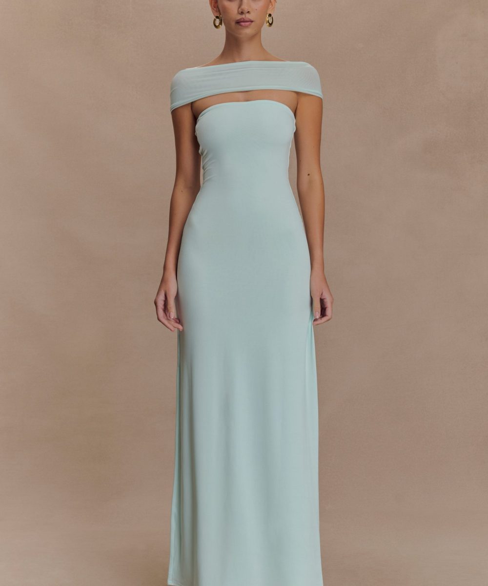Aurora Slinky And Mesh Split Maxi Dress - Lagoon