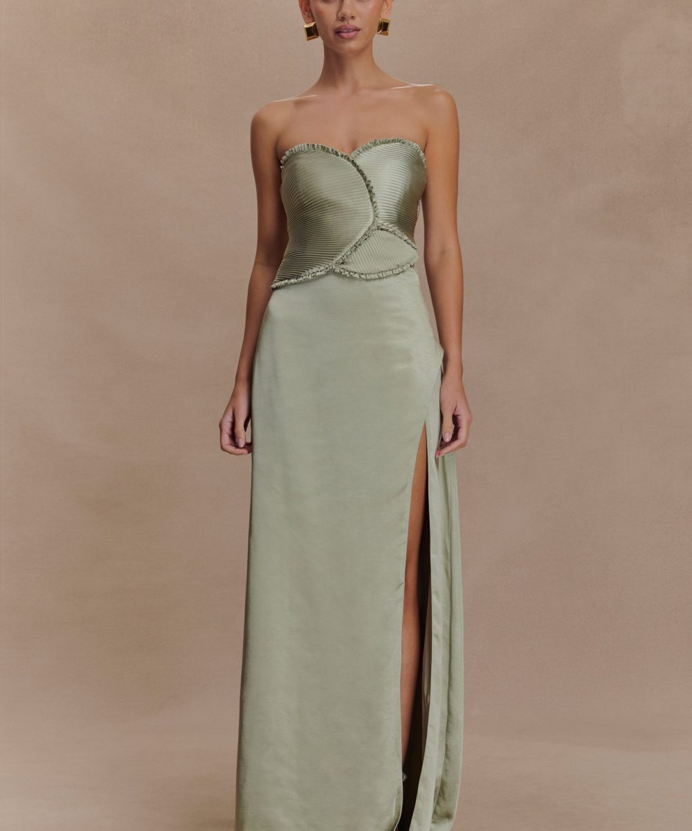 Larissa Satin Maxi Dress With Ruched Petals - Sage