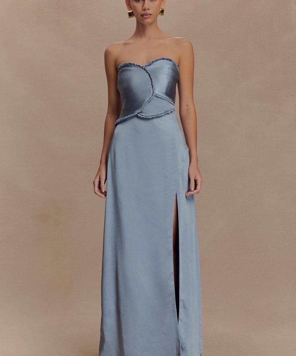 Larissa Satin Maxi Dress With Ruched Petals - Frosted Blue
