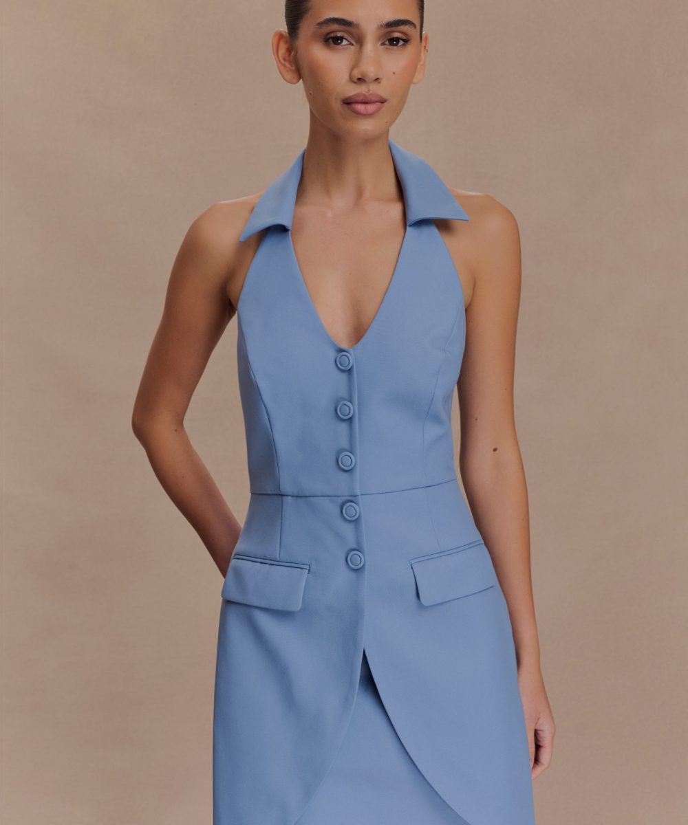 Ruth Cotton Halter Mini Dress - Ocean Blue
