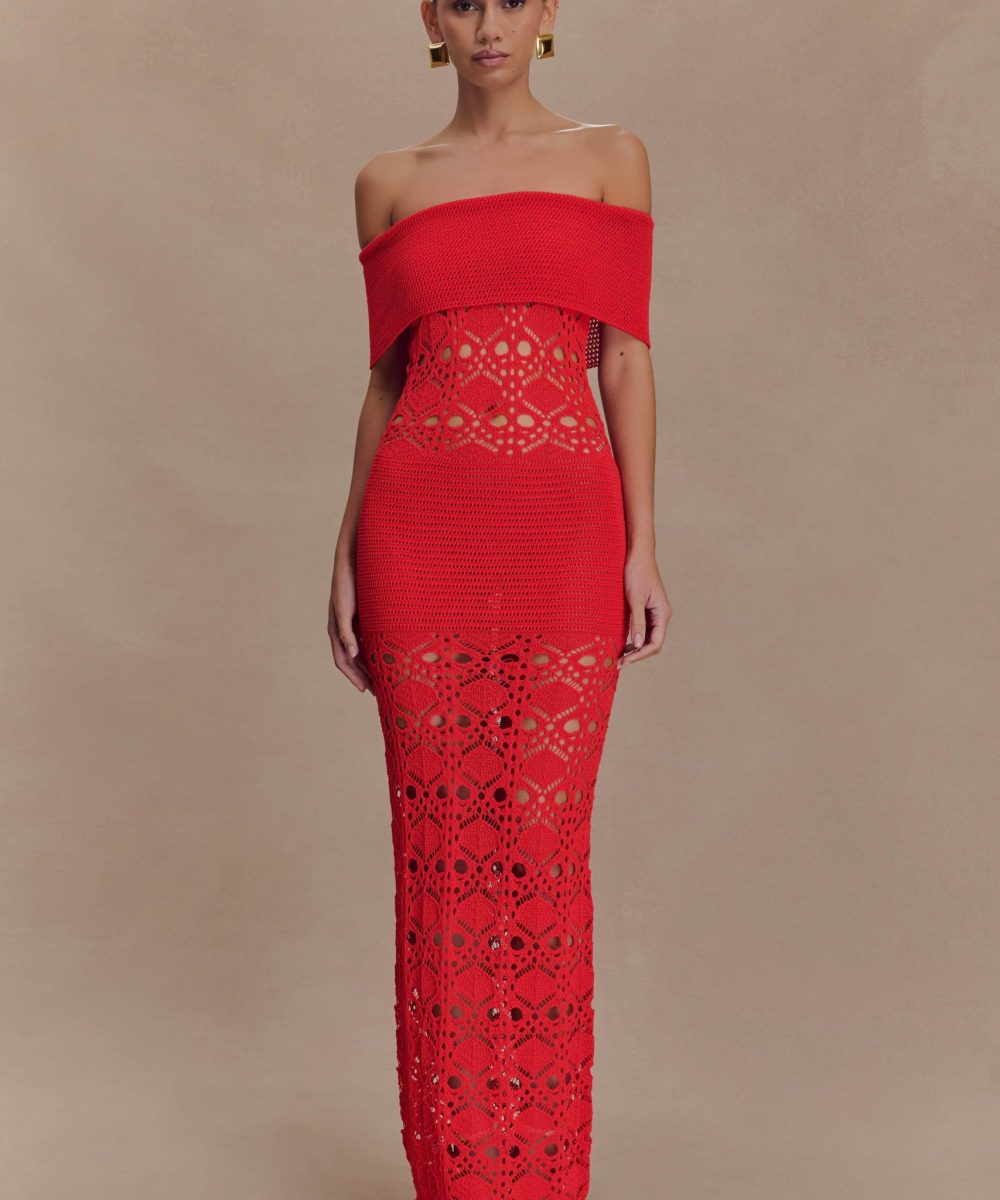 Solstice Off Shoulder Crochet Knit Maxi Dress - Blood Orange
