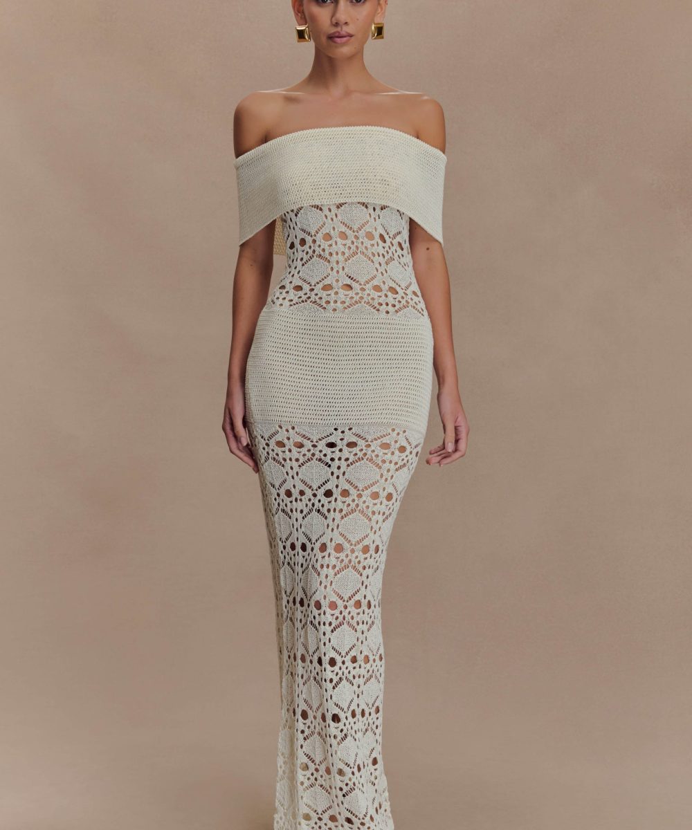Solstice Off Shoulder Crochet Knit Maxi Dress - Ivory