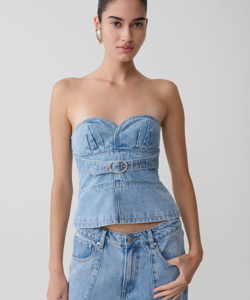Tommy Strapless Denim Top With Buckle - Classic Blue