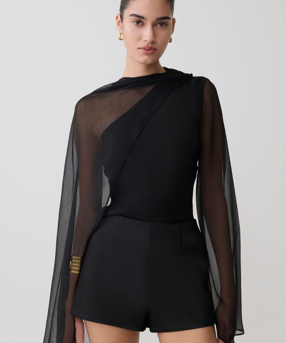 Ida Sheer Asymmetrical Long Sleeve Cape - Black