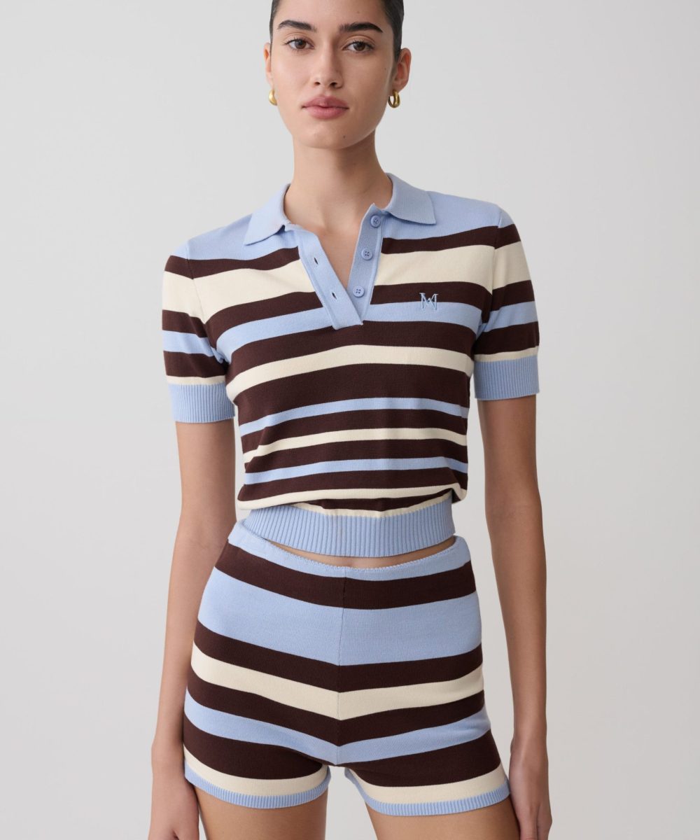 Philly Stripe Knit Button Up Top - Chocolate/Blue