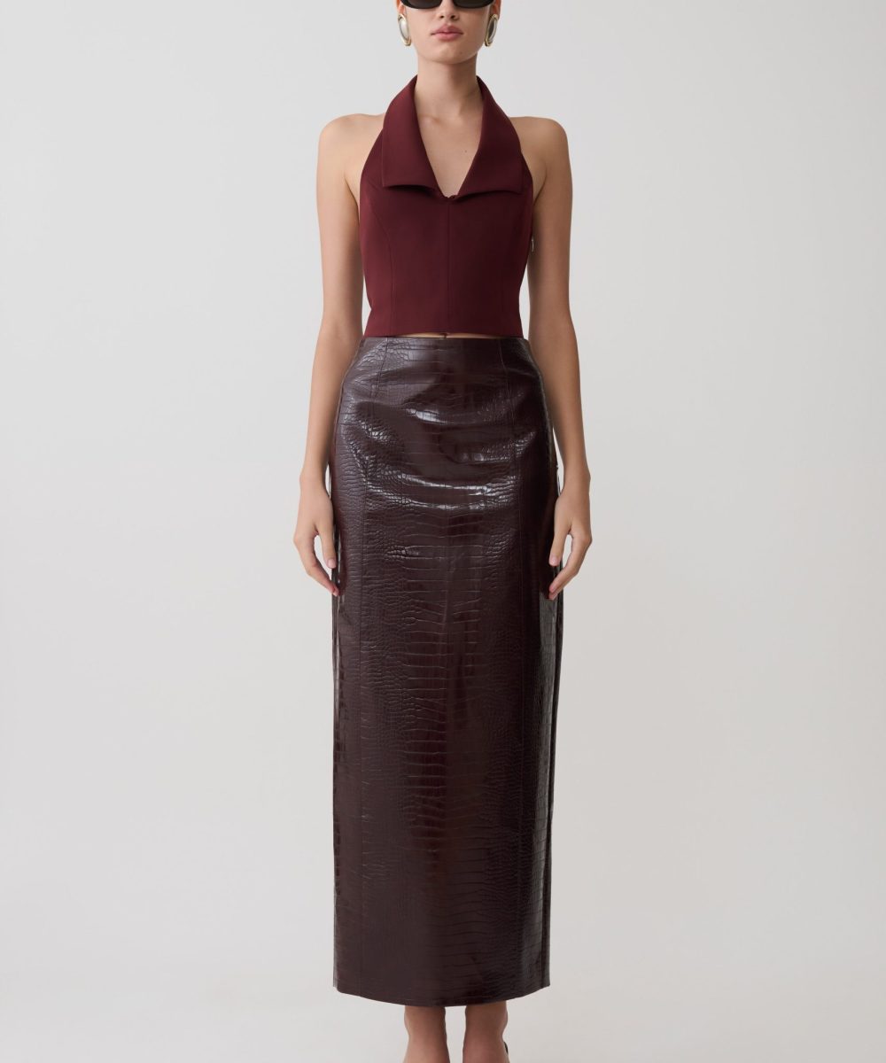 Thalia Croc Faux Leather Midi Skirt - Merlot