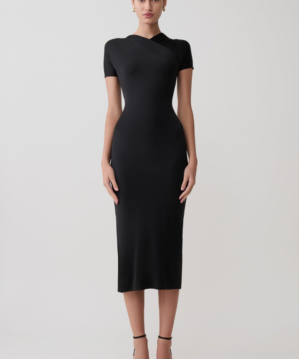Junie Cross-Over Neck Slinky Maxi Dress - Black