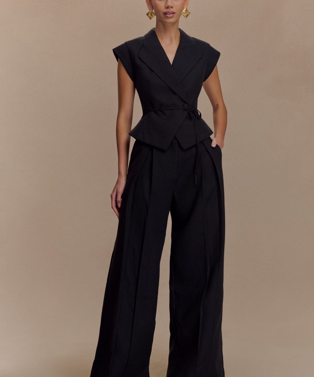 Raya Mid Rise Wide Leg Linen Pant - Black