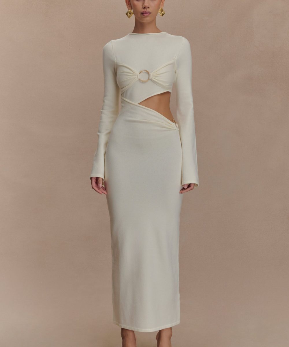 Azariah Long Sleeve Knit Midi Dress - Ivory