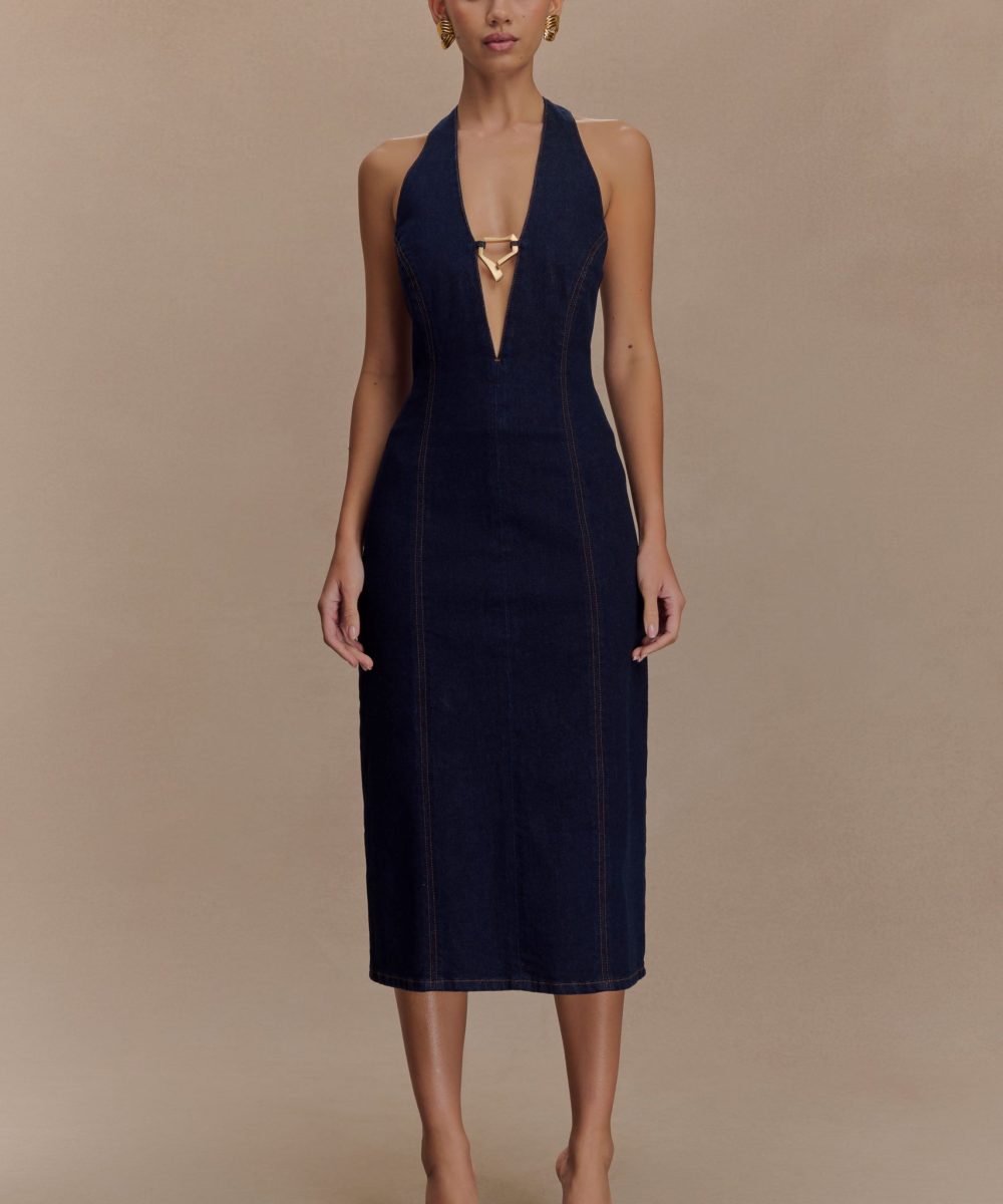 Shauna Denim Halter Midi Dress - Indigo Blue
