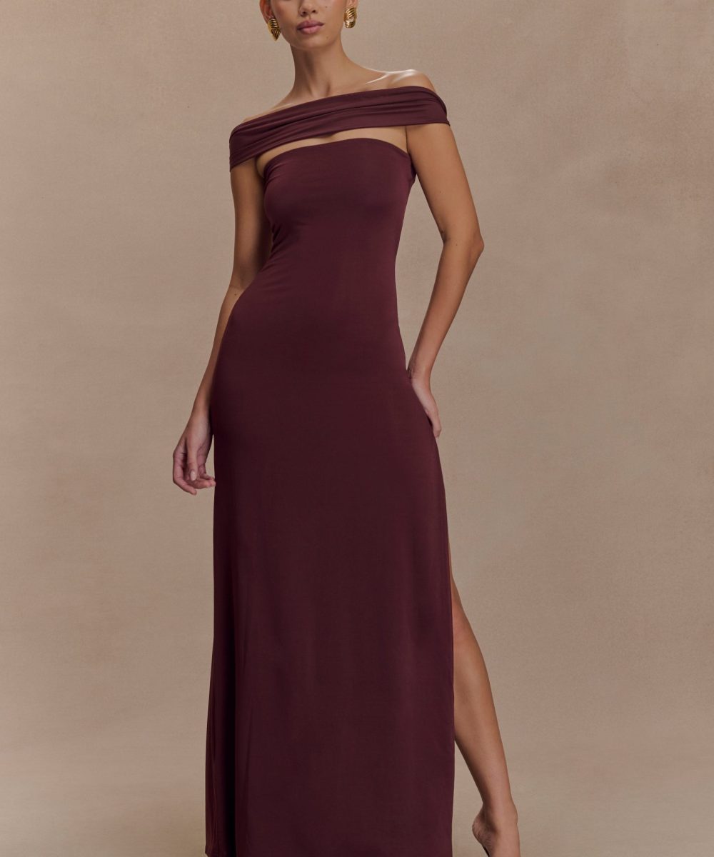 Aurora Slinky And Mesh Split Maxi Dress - Mahogany