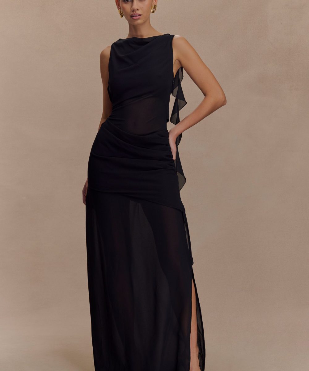 Daria Draped Chiffon Maxi Dress - Black