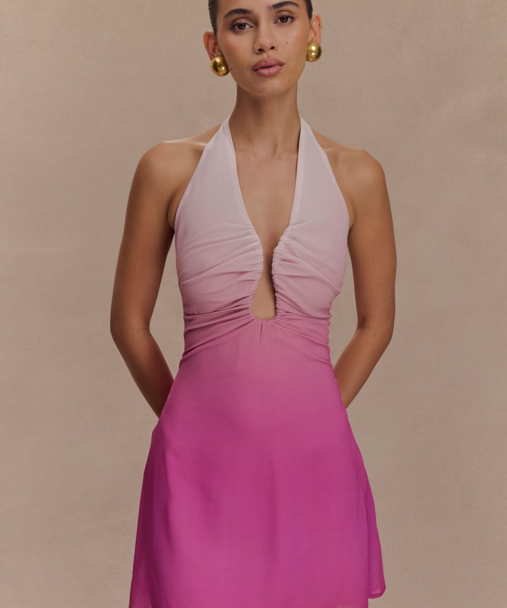 Malakhai Chiffon Halter Mini Dress - Ombre Pink