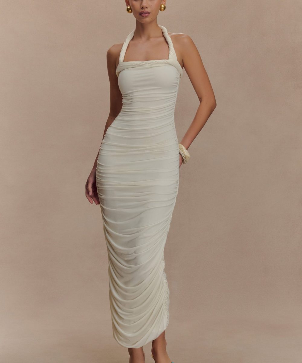 Camila Ruched Halter Midi Dress - Ivory