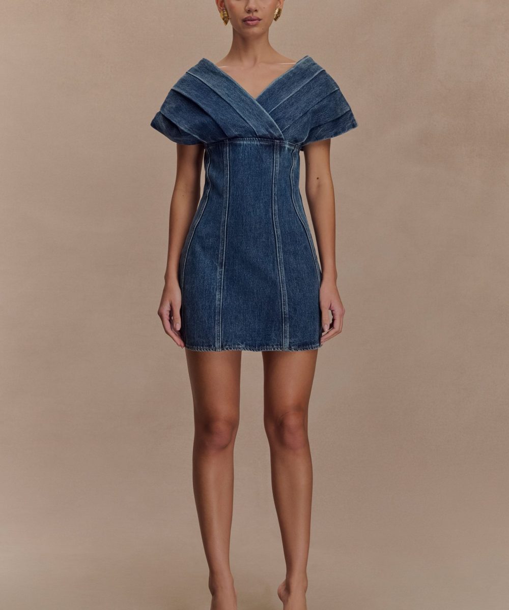Pascale Off Shoulder Denim Mini Dress - Washed Dark Blue
