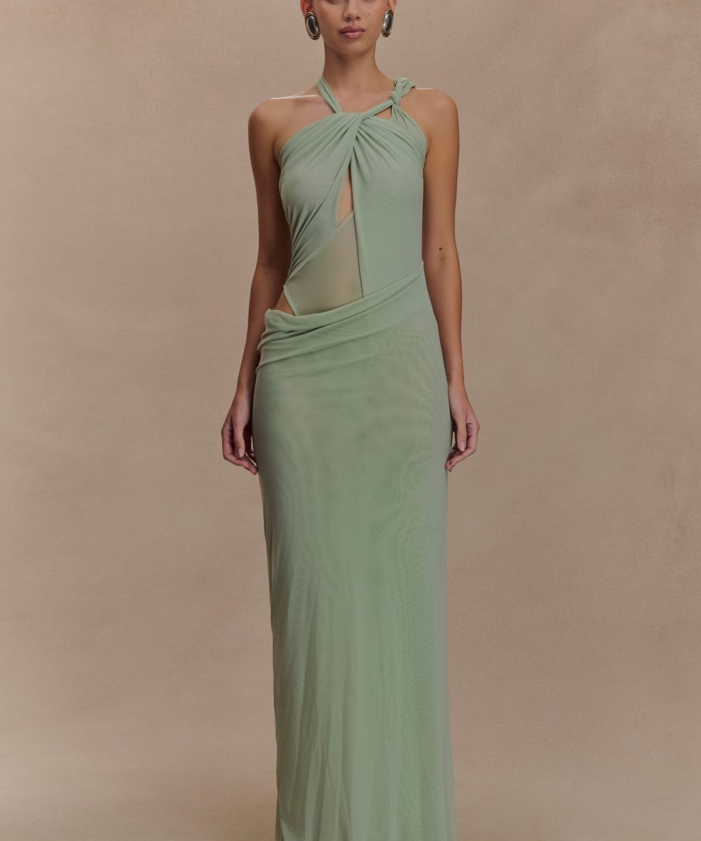 Edwina Knotted Mesh Maxi Dress - Sage
