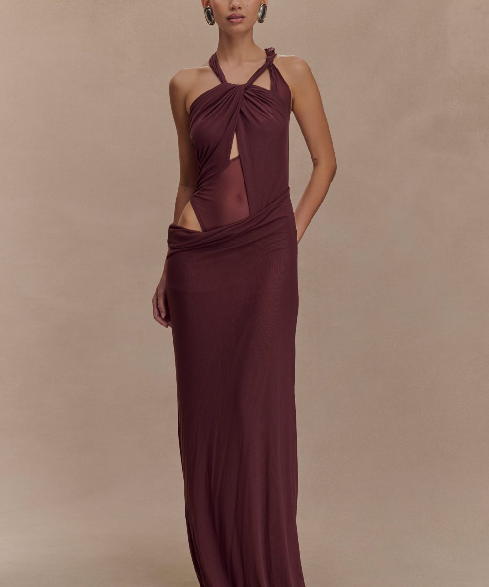 Edwina Knotted Mesh Maxi Dress - Mahogany