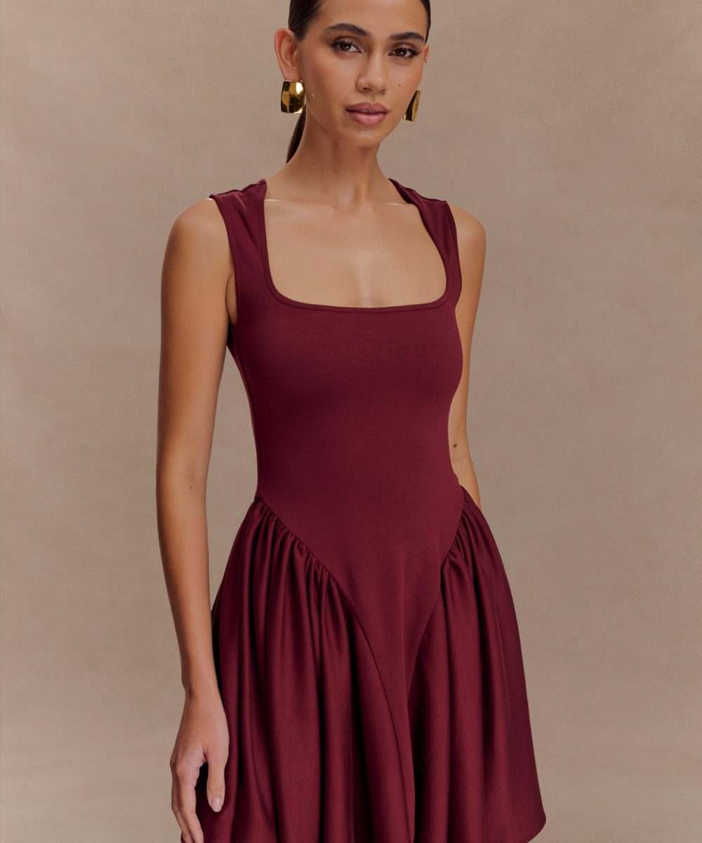 Sharon Scuba Jersey Mini Dress - Wine