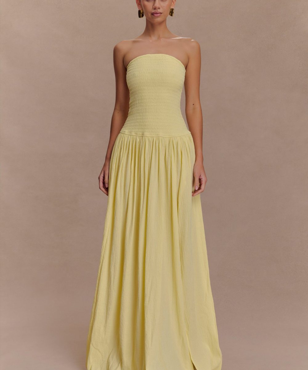 Maureen Cotton Shirring Maxi Dress - Lemon