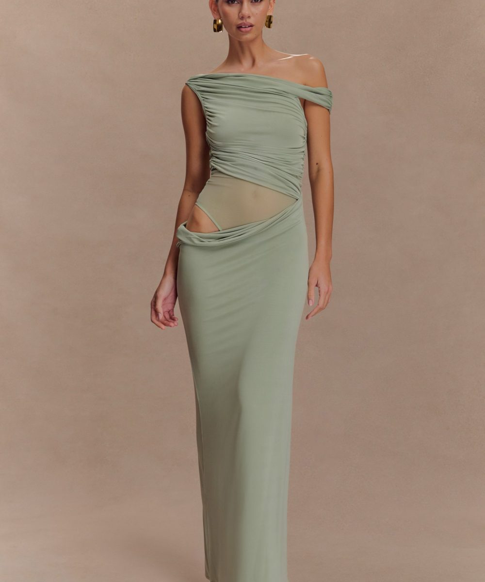 Callen One Shoulder Slinky Maxi Dress - Sage