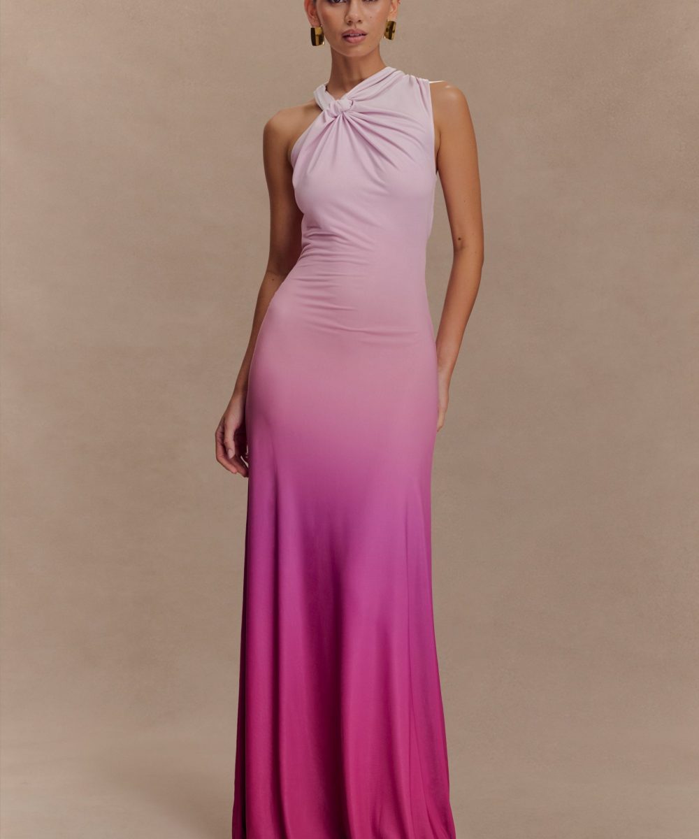 Marlee Asymmetrical Slinky Maxi Dress - Ombre Pink