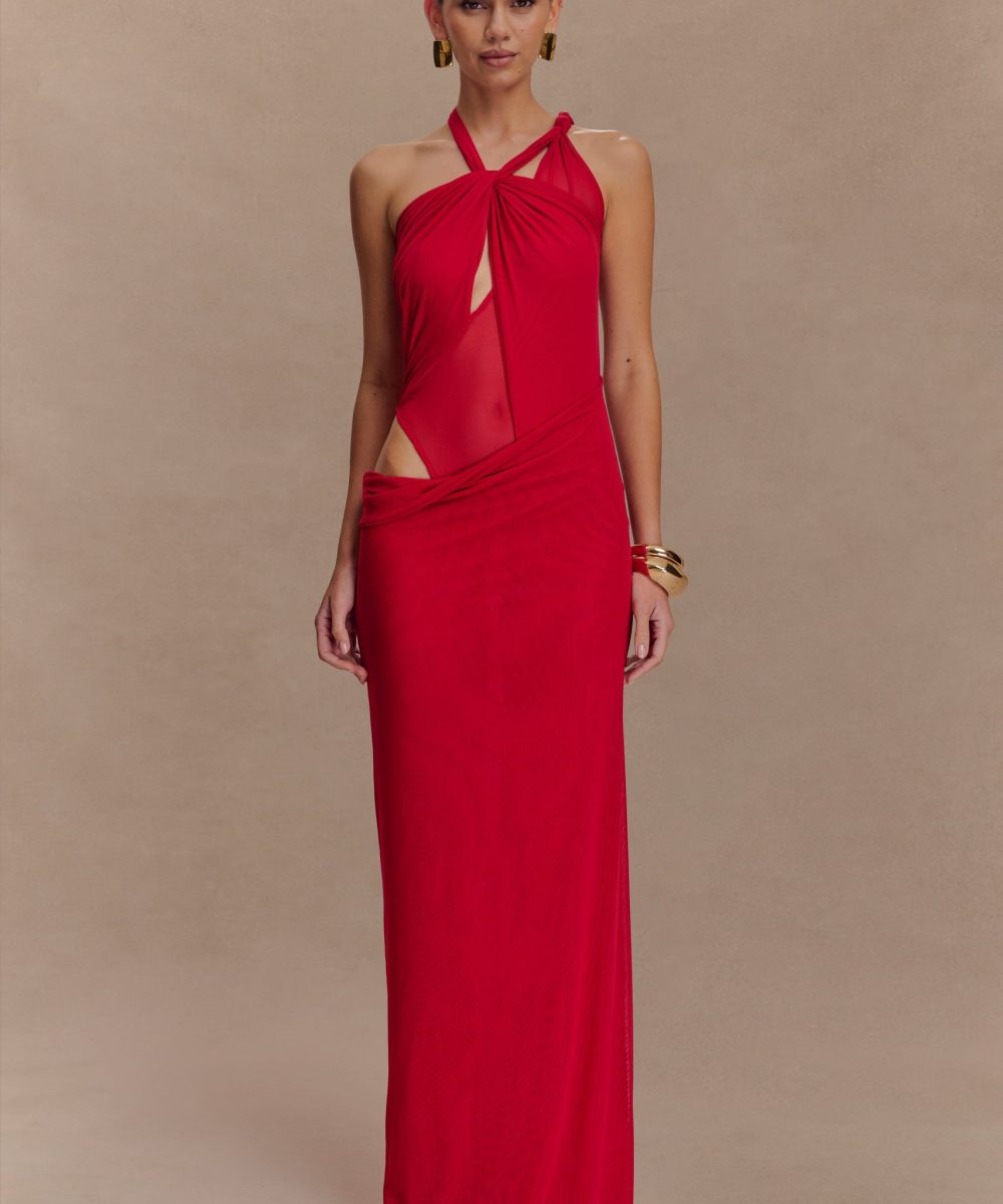 Edwina Knotted Mesh Maxi Dress - Red