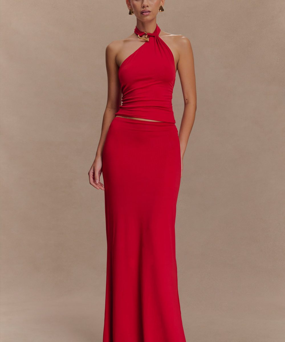 Bruna Slinky Fishtail Maxi Skirt - Red