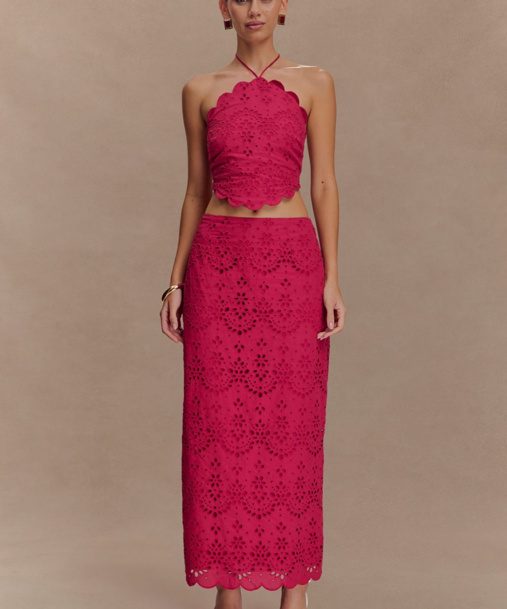 Kensley Broderie Midi Skirt - Dragonfruit